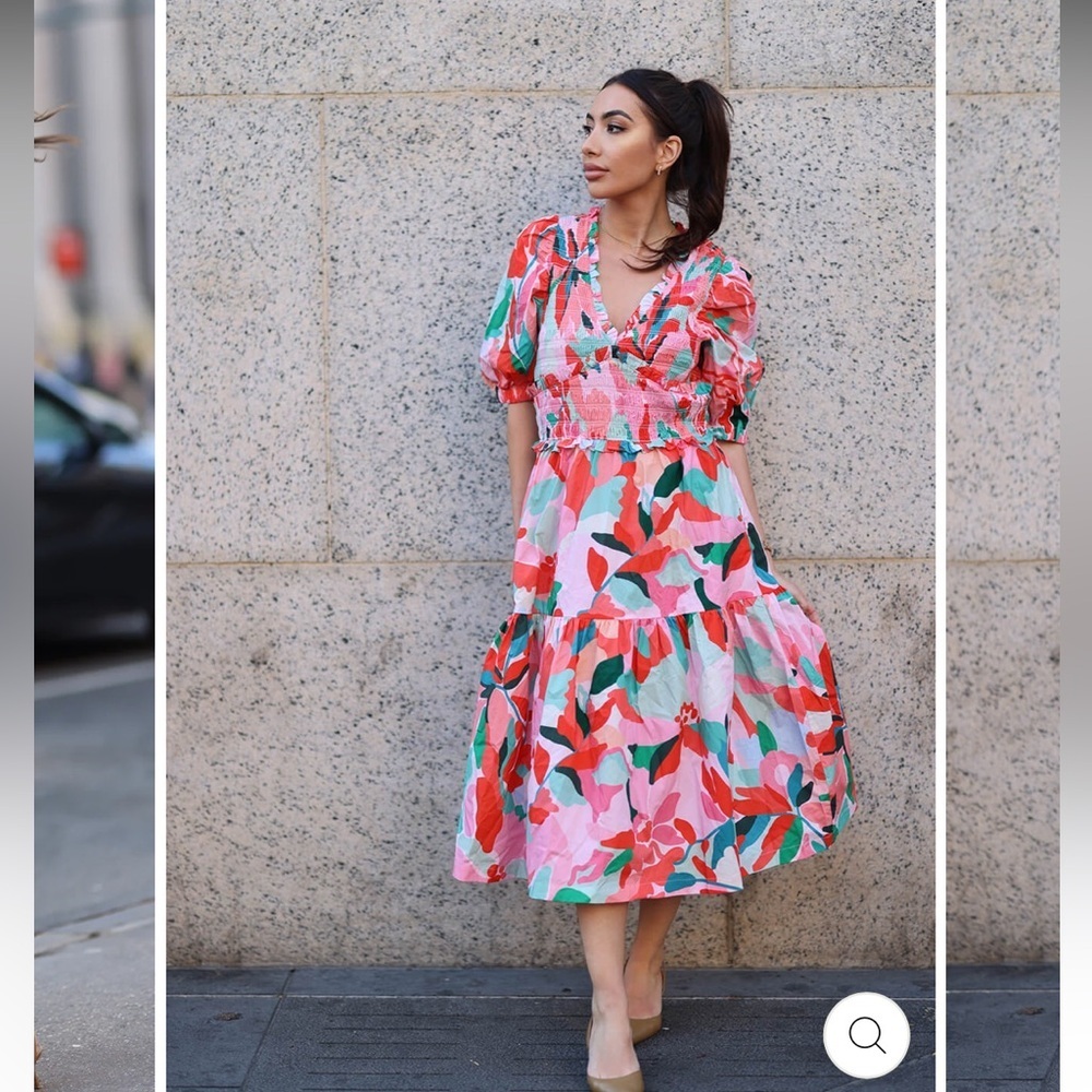 Jessie Zhao Ramona Watermelon Smocked Midi Dress
